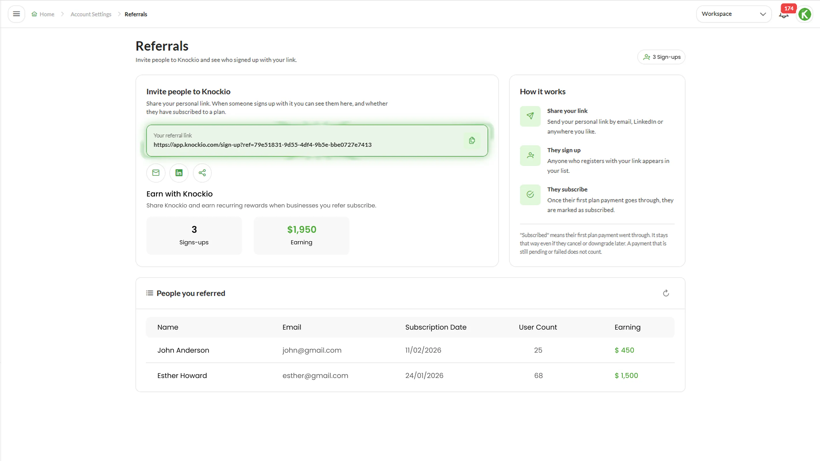 The Knockio Referrals dashboard showing a personal referral link, share buttons and the list of people referred