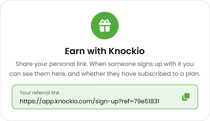Close-up of the referral link box with copy, email, LinkedIn and share buttons