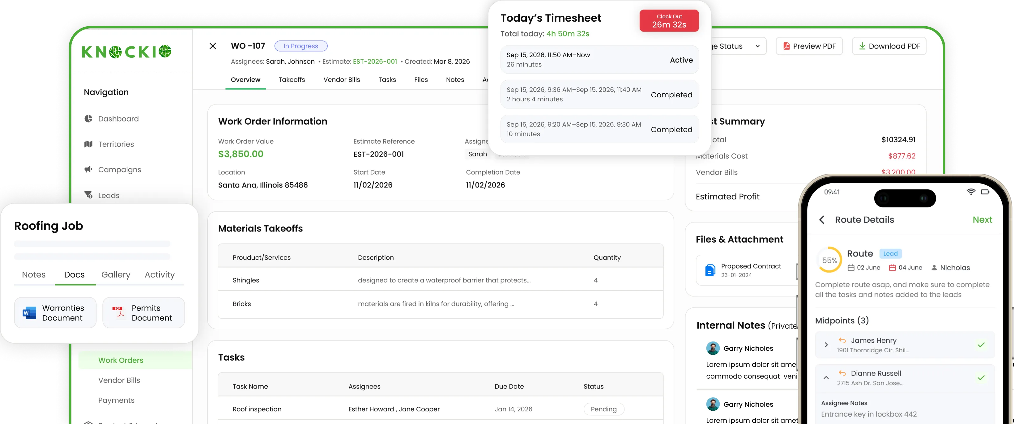 Knockio field service management software for jobs, crews, and costs
