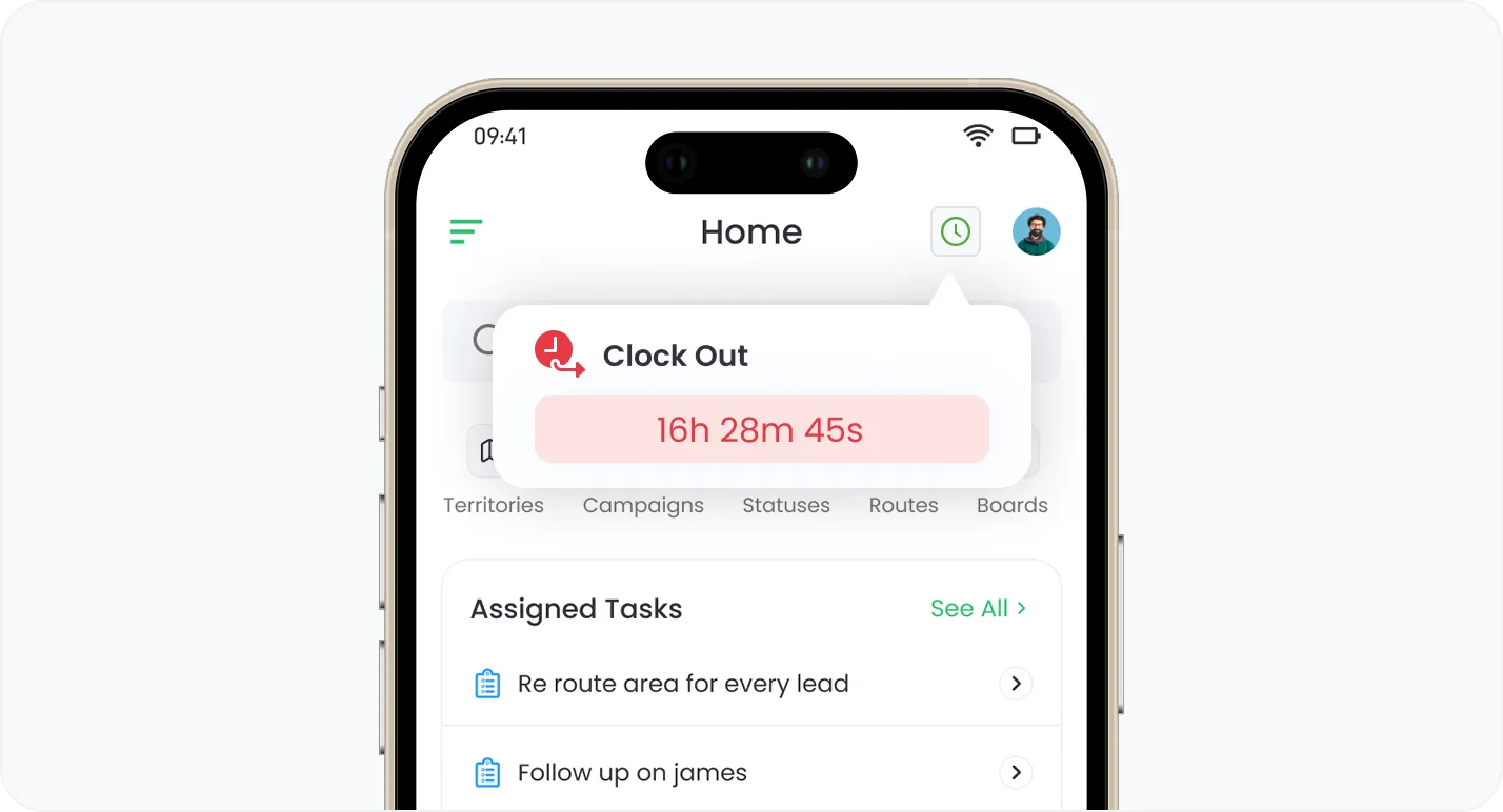 Selecting Clock In opens a single active session