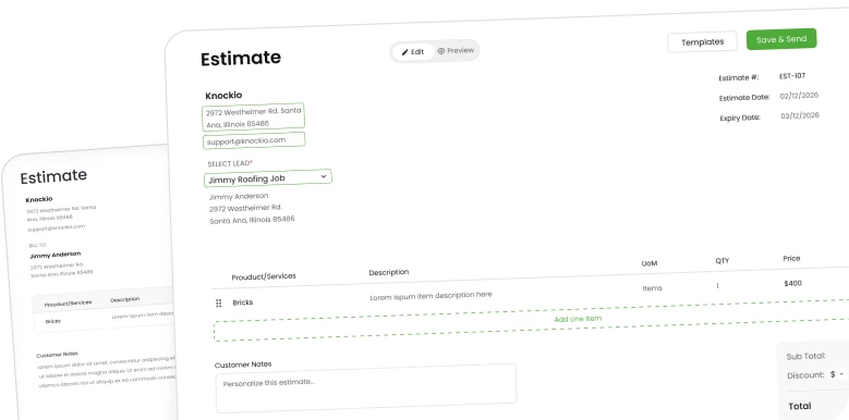 Knockio smart estimates screen generating a customer quote with line-item pricing