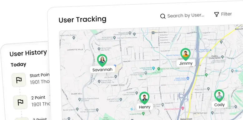 Knockio rep tracking map showing live location and activity of field sales reps and a screen showing rep history