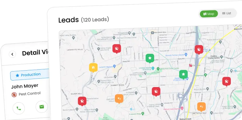 Knockio map-based lead view showing color-coded lead statuses by address
