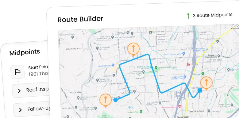 Knockio route planning screen with an optimized route mapped with multiple stops across a sales territory