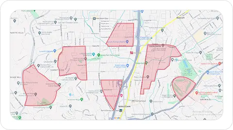 Knockio territory management screen dividing a sales area into assigned zones