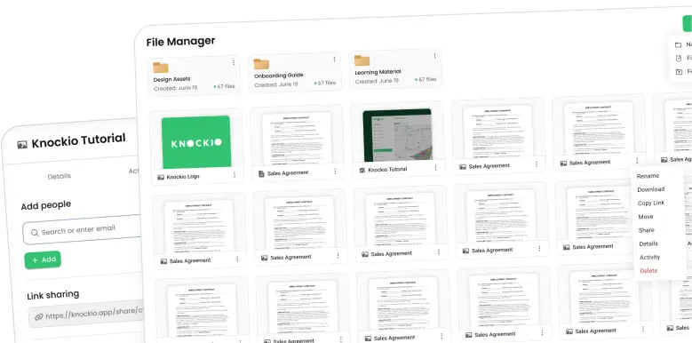 Knockio image, video and file storage screen attaching job media to a customer record