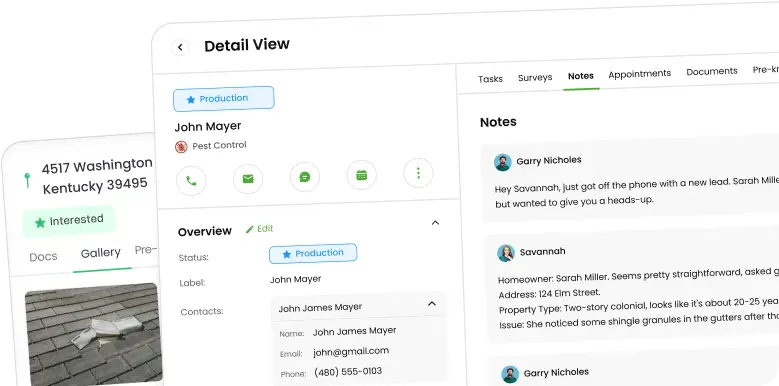 Knockio job management screen showing contact details and notes added by reps