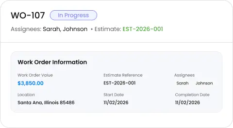 Knockio work order screen detailing job tasks, materials, and assigned crew