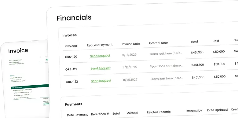 Knockio financials screen showing an invoice with online payment collections with details