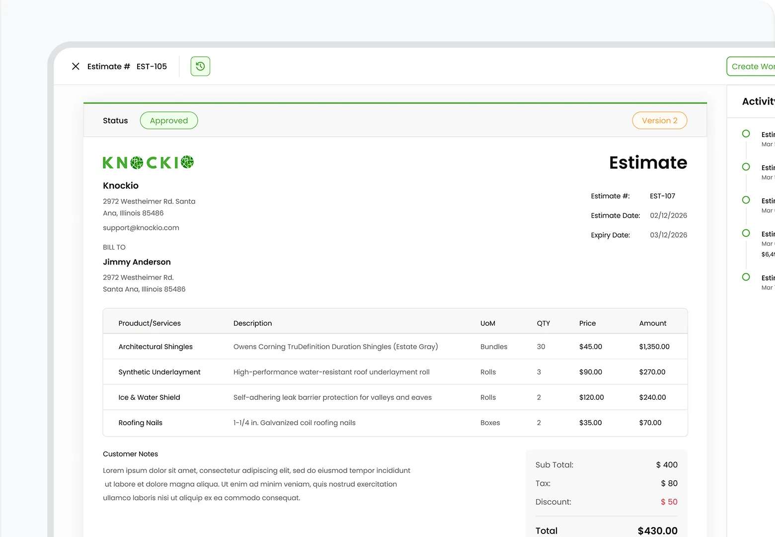 Estimate and proposal